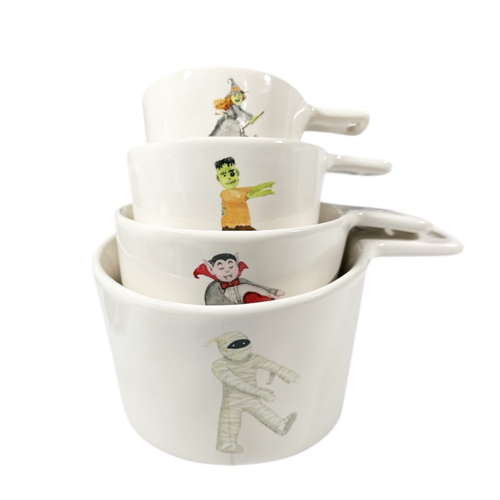 NEW Rae Dunn HALLOWEEN MUMMY, DRACULA, WITCH, FRANKENSTEIN MEASURING CUP Set/4